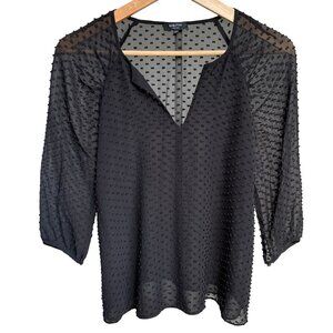 BABATON Swiss Dot Silk Blend Sheer Lined Blouse Flowy Light Black 3/4 sleeve XXS
